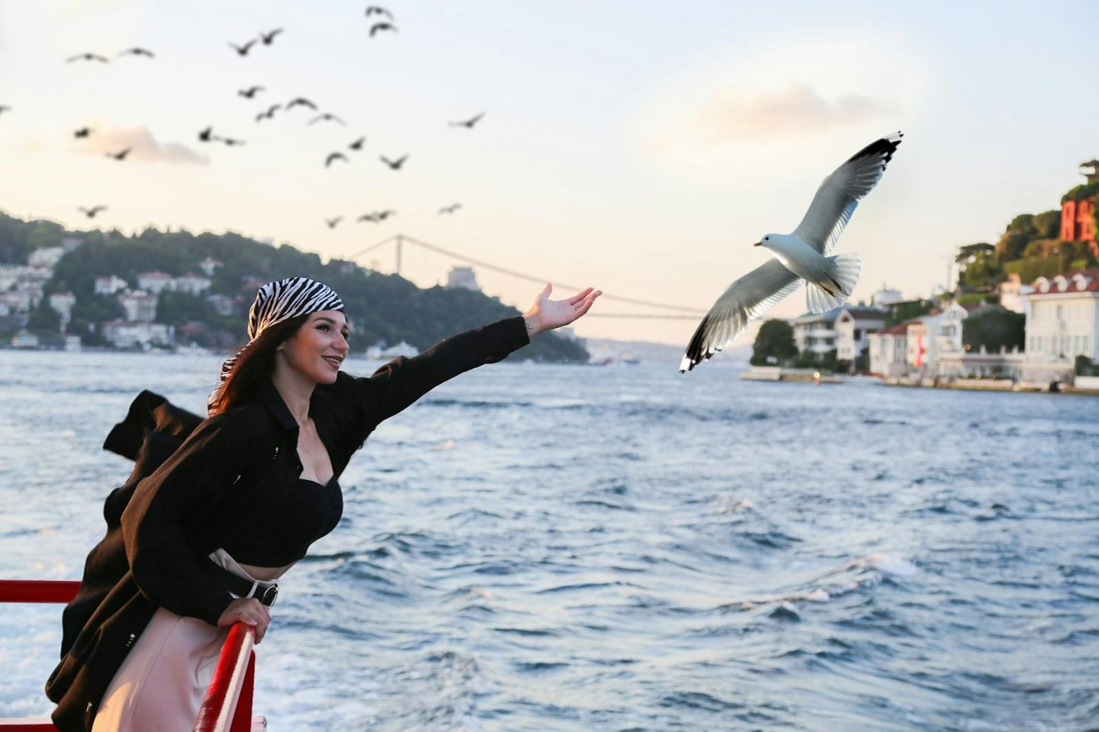 Kvinde fodrer en måge på Bosphorus-krydstogter